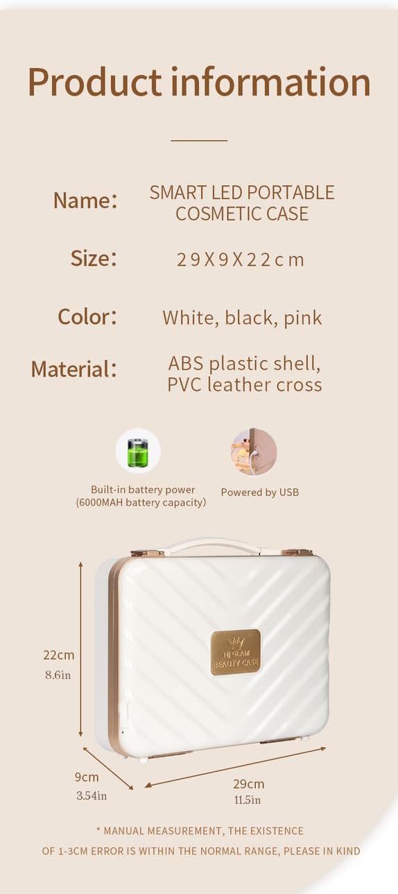 NJ GLAM Estuche de maquillaje con espejo iluminado recargable con almacenamiento inteligente, espejo de tres modos de luz, Blanco, Moderno y elegante