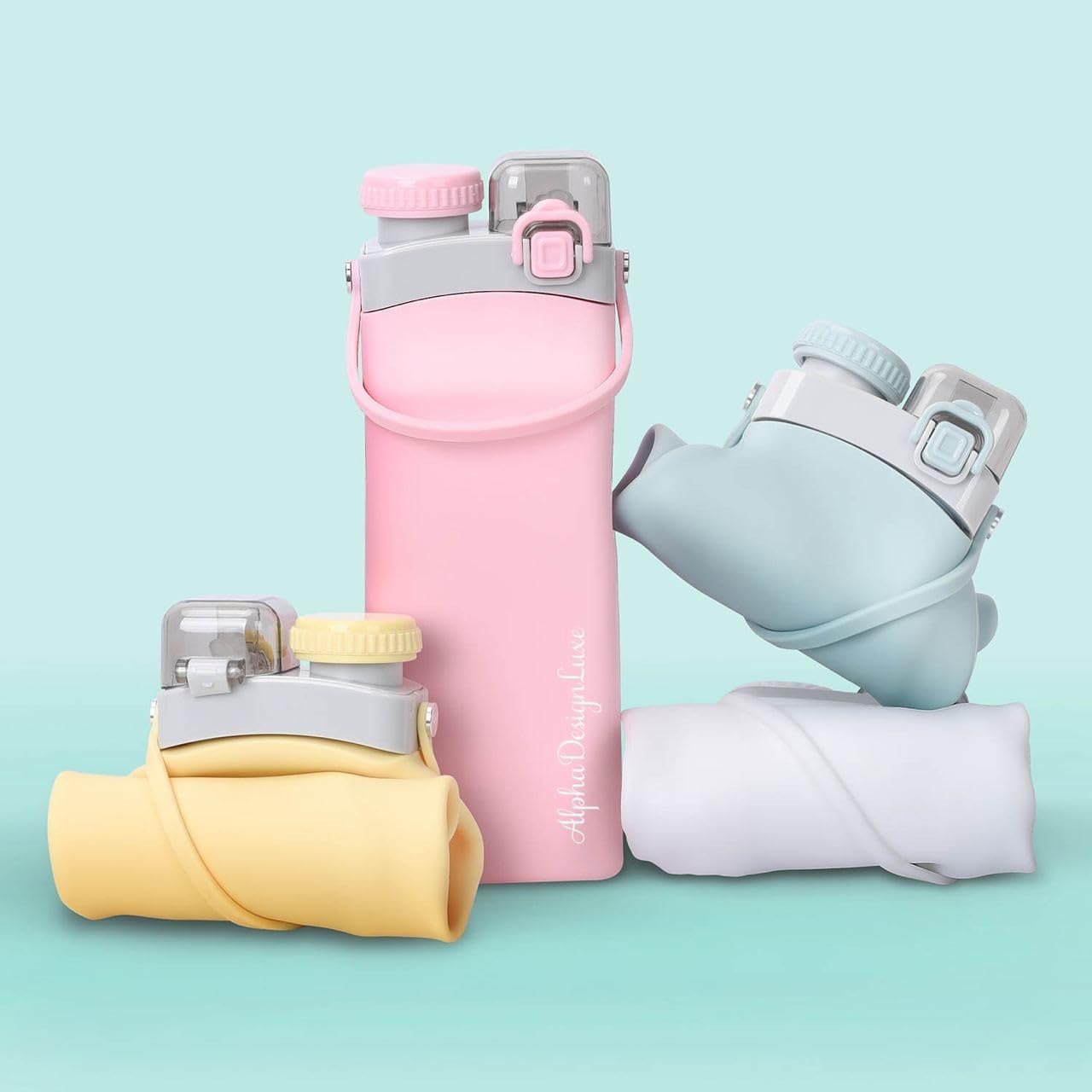 Botella de agua de silicona plegable, sin BPA, 100% materiales de grado alimenticio, duradera, portátil, versátil, a prueba de fugas, con popote