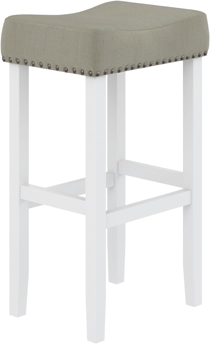 Nathan James Hylie Juego de 2 taburetes de bar de madera con tachuelas de tapicería, para cubierta de cocina, altura de pub, 29 pulgadas, gris