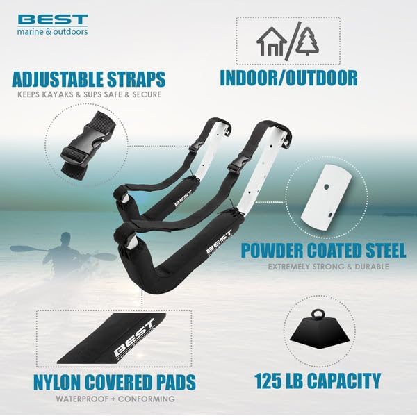 Best Marine and Outdoors Estante de almacenamiento para kayak, 2 estantes de montaje en pared premium para kayaks y tablas de remo de SUP, capacidad