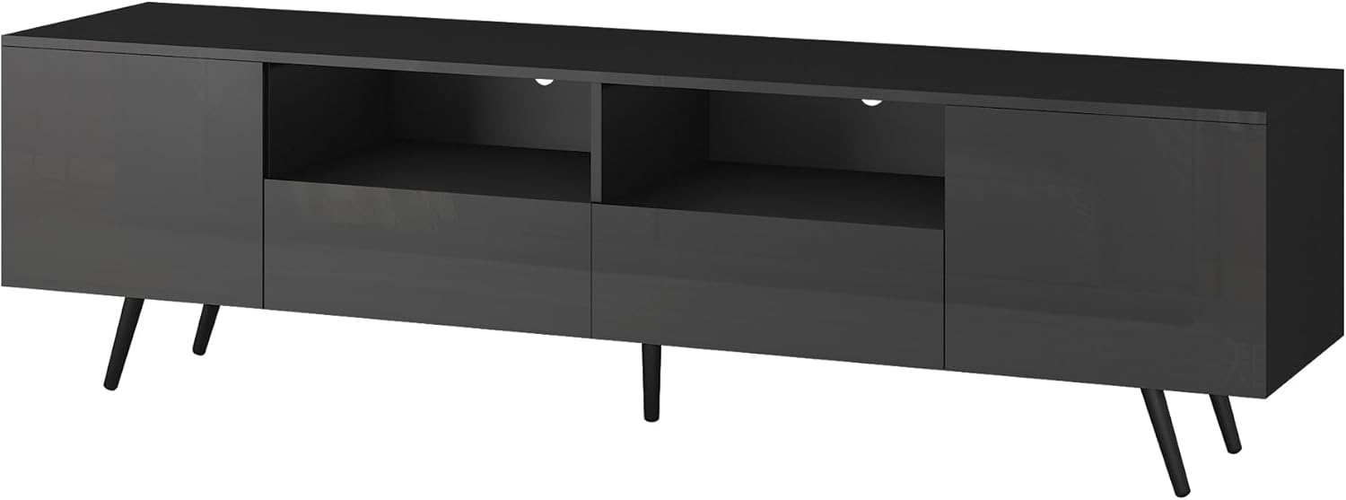 Moderno soporte de TV LED para TV de hasta 55, 60, 65 pulgadas, centro de entretenimiento de alto brillo con cajón y estantes abiertos, gabinete de