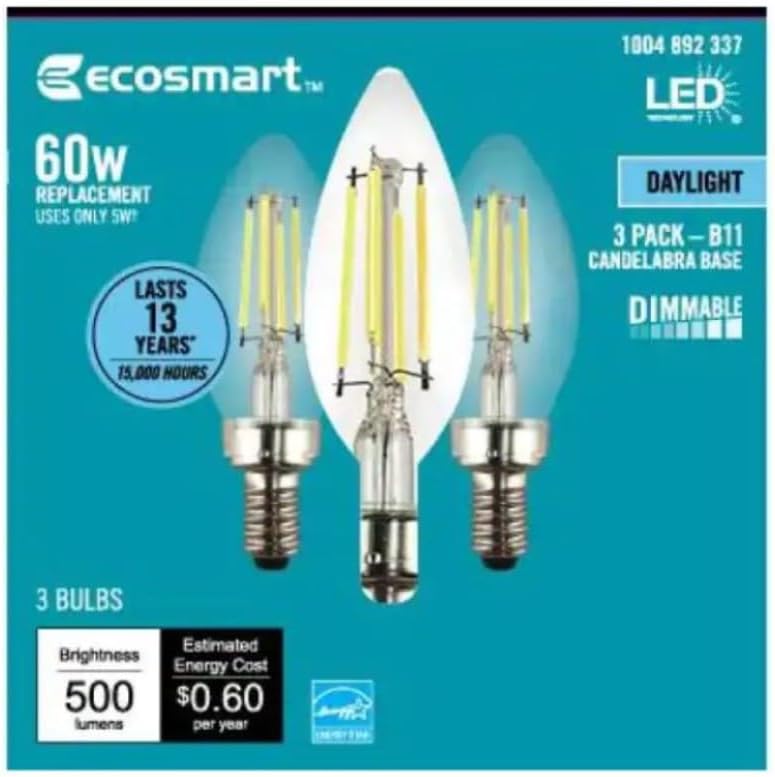 EcoSmart Bombilla LED de estilo vintage B11 regulable Energy Star de 60 W, equivalente a 60 W, luz diurna (paquete de 3)