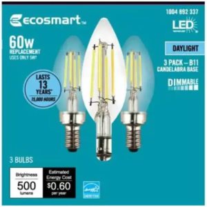 EcoSmart Bombilla LED de estilo vintage B11 regulable Energy Star de 60 W, equivalente a 60 W, luz diurna (paquete de 3) EcoSmart Bombilla LED de estilo vintage B11 regulable Energy Star de 60 W, equivalente a 60 W, luz diurna (paquete de 3)