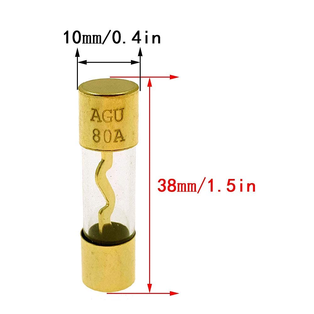 (5 piezas) AGU 80A 0.394 * 1.496 in oro estándar fusible de vidrio 80 amperios para coche estéreo para cocheautomarino audio estéreo amplificador de