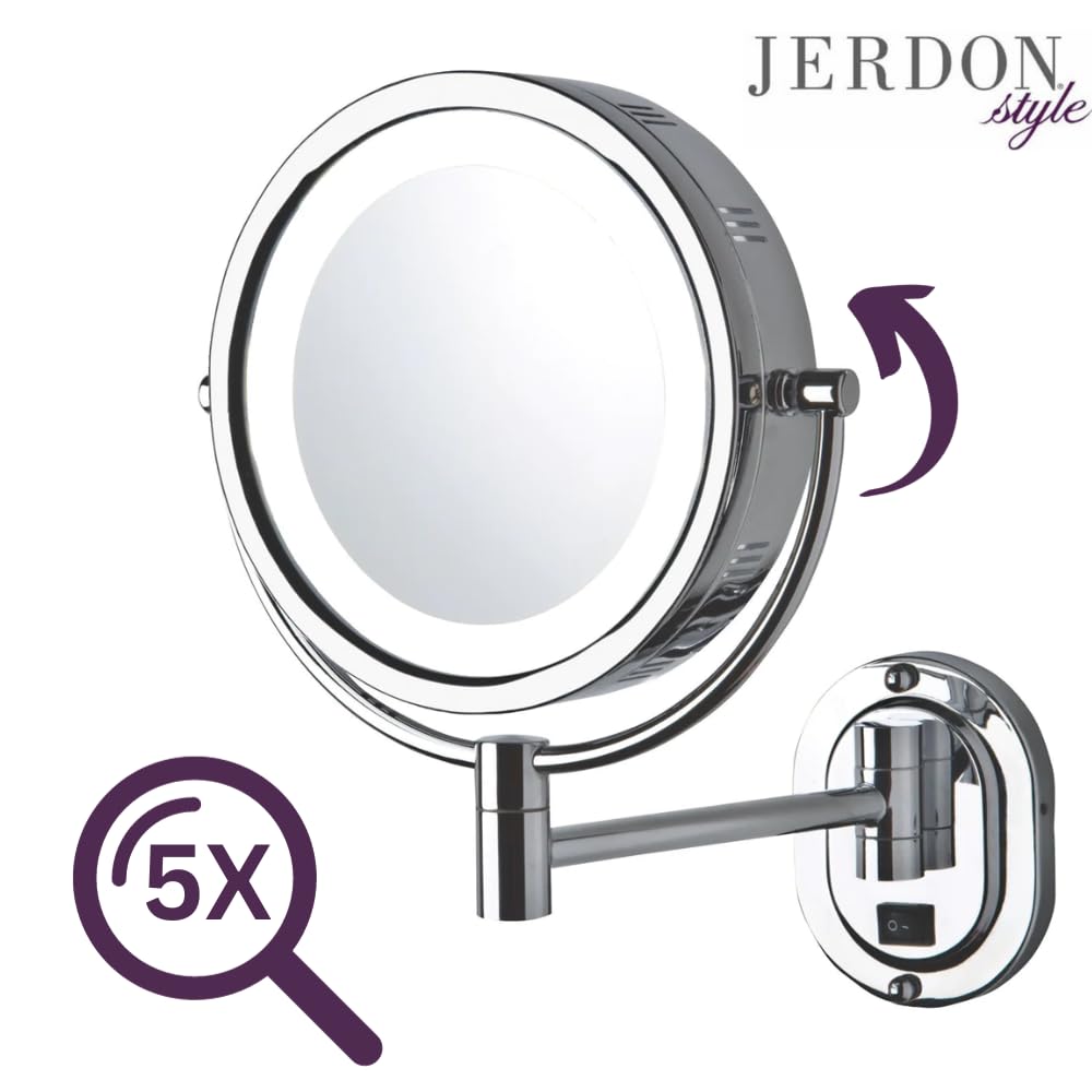 JERDON Espejo de maquillaje de pared iluminado de dos caras – Espejo de maquillaje con aumento 5X y brazo de montaje en pared – Espejo de 8 pulgadas