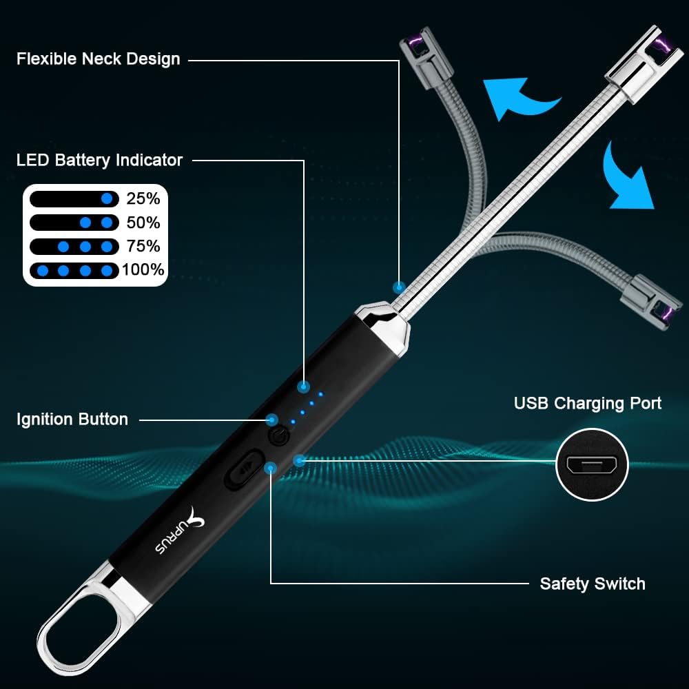 SUPRUS Encendedor USB recargable de arco eléctrico con interruptor de seguridad, cuello flexible de 360, parrilla sin llama, encendedores largos