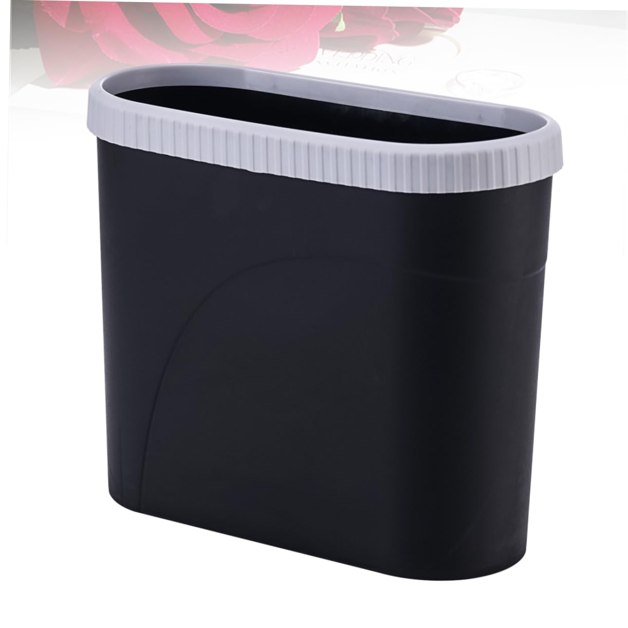 STOBAZA Bote de basura delgado de plástico negro, pequeño bote de basura debajo del fregadero, organizador de basura, cubo de basura con tapa, placa