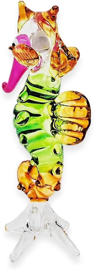 ChangThai Design Pequeña figura de caballito de mar de 2 pulgadas de alto, verde, amarillo, rosa, animal de vidrio soplado a mano, multicolor,