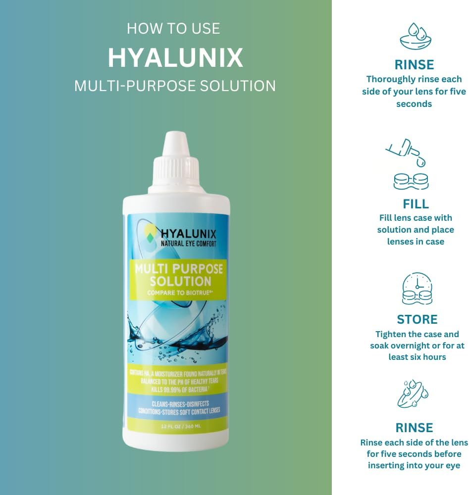 Hyalunix (4 unidades) 12 onzas líquidas  Solución de contacto multiusos para lentes de contacto  Hidratación mejorada para mayor comodidad,