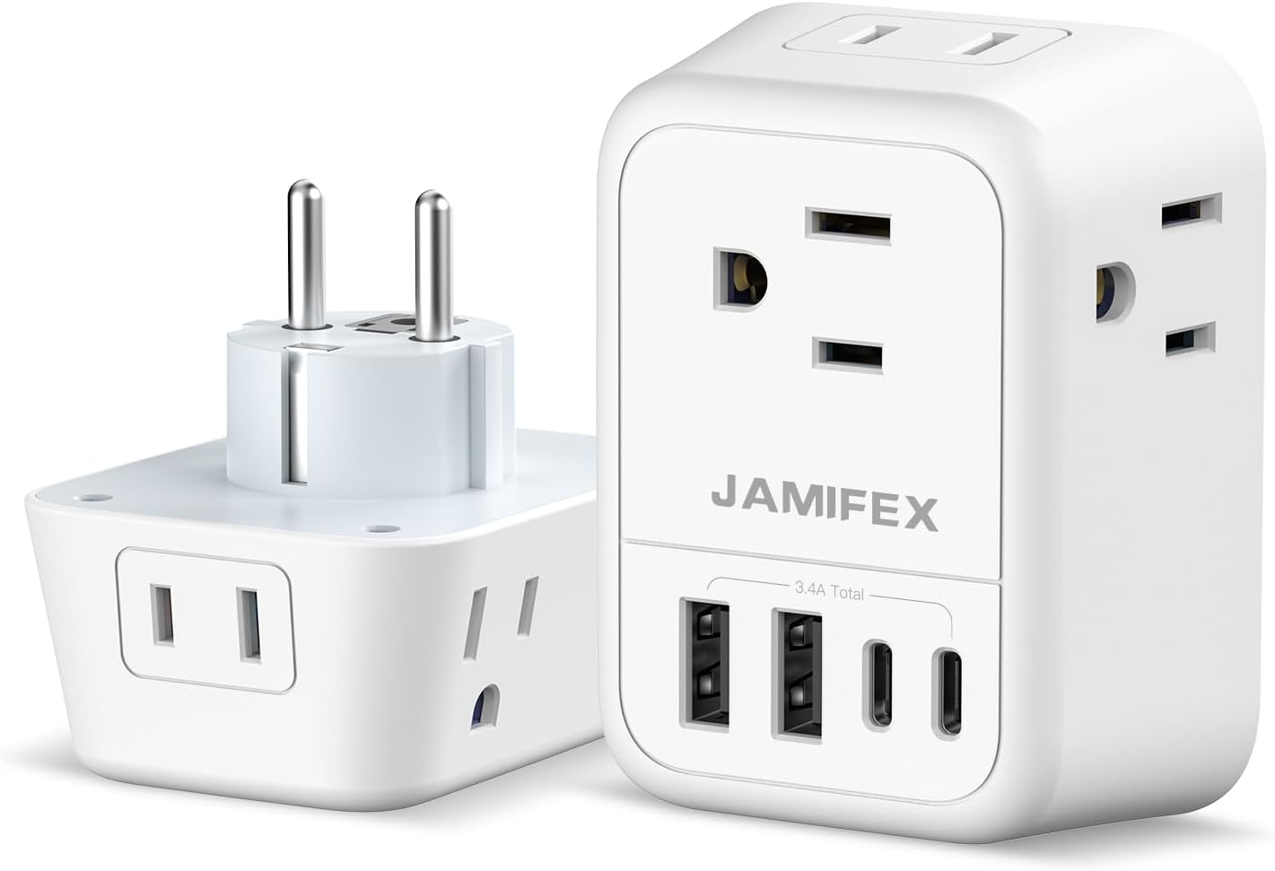 JAMIFEX Adaptador de corriente de viaje de Alemania Francia, convertidor de adaptador de enchufe Schuko europeo tipo EF con 4 puertos USB (2 USB-C)