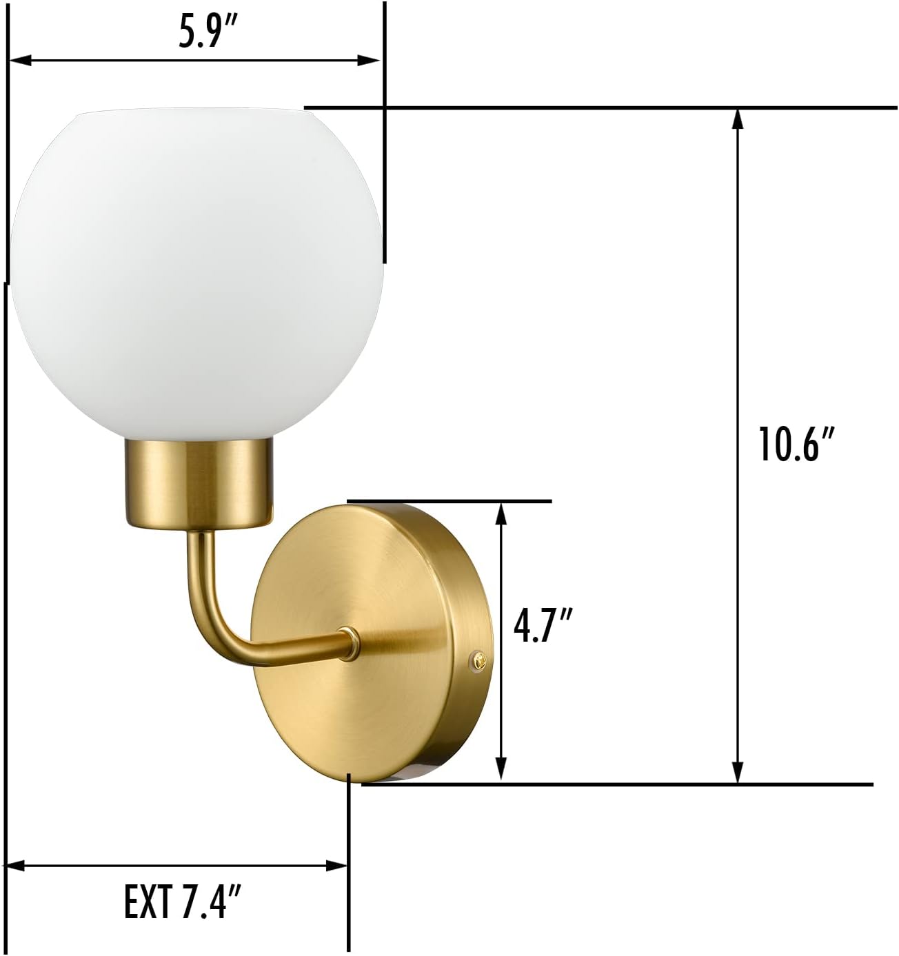 Moderno aplique de pared de baño dorado con globo de cristal de ópalo para baño y dormitorio, juego de 2