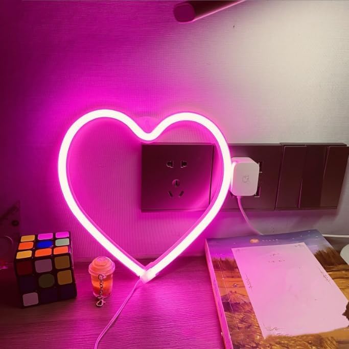 2 letreros de neón de corazón de San Valentín, funciona con pilas, luces LED de neón rosa, decoración de pared para dormitorio, cocina, puerta,