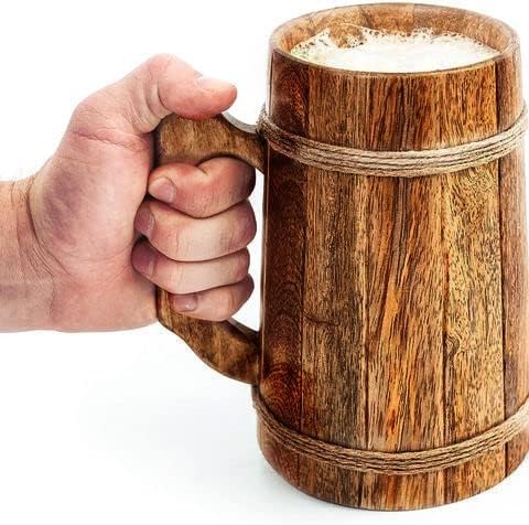 Tazas de cerveza de madera, 100% auténticas y hechas a mano, taza de madera marrón retro hecha a mano natural de alta calidad con asa para beber té,