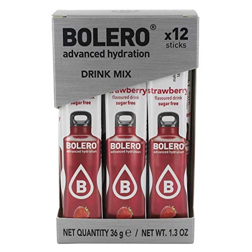 Bolero Advanced Hydration – Palitos de una sola porción sin azúcar, prácticos paquetes de mezcla de bebidas sin calorías, fresa, 3 paquetes de 12