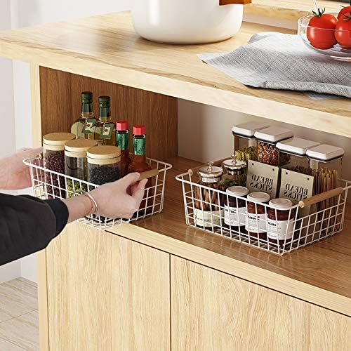 LeleCAT Cestas de alambre blanco con asas, organizador de almacenamiento de alambre para cocina, refrigerador doméstico para armarios, despensa,