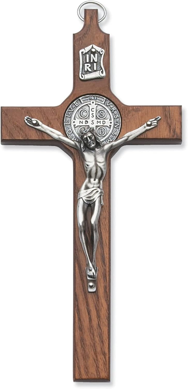 Religious Supply Crucifijo de San Benito de Nuez de 6″ con Corpus de Plata