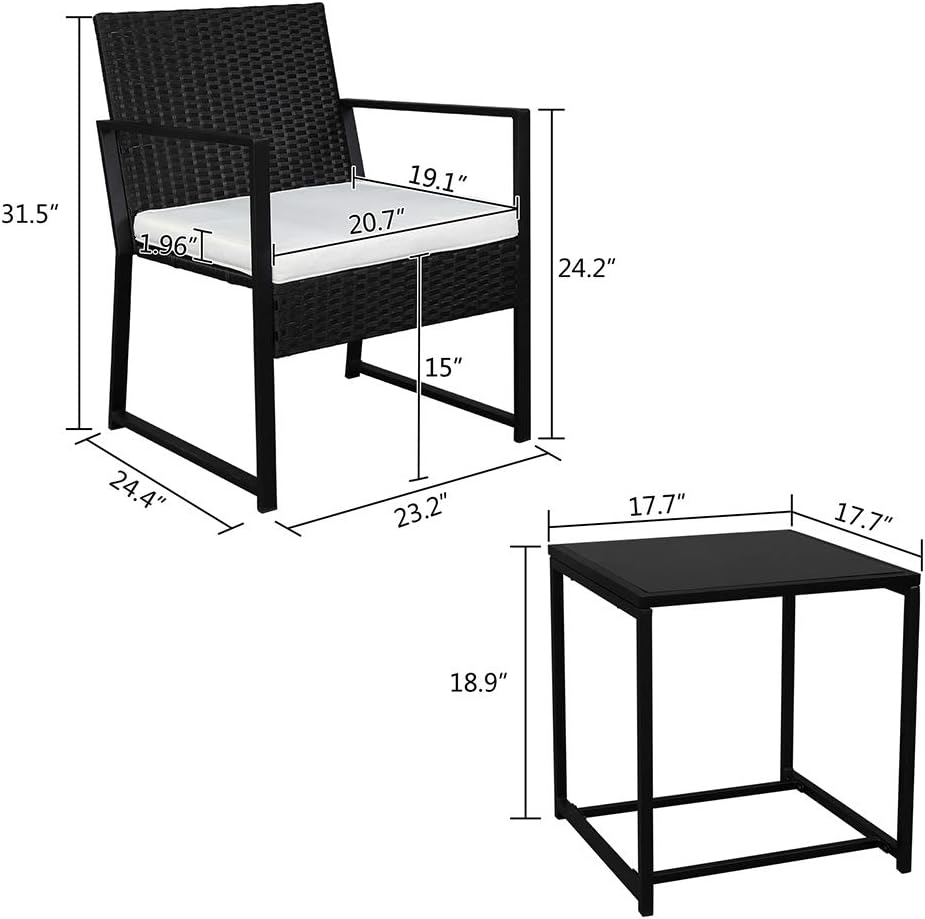 Juego de 3 piezas de muebles de mimbre para exteriores, sillas de ratán con mesa auxiliar para patio y bistró, color negro