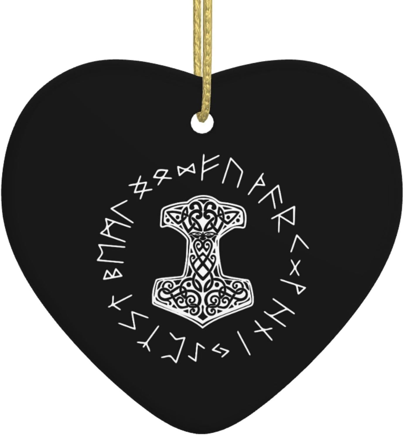 Vikings Mjolnir and Rune Wheel Norse Mythology Symbol Christmas Ornaments, Ceremic Ornaments Heart Shaped Porcelain Ornament Christmas Tree Home