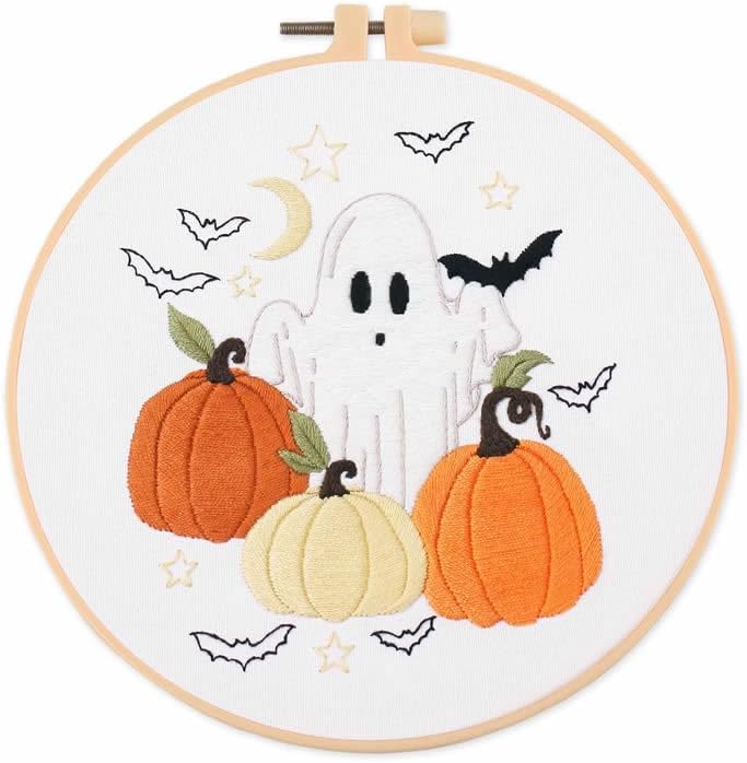 Kits de iniciación de bordado estampado con patrón para principiantes, fantasma y calabaza con aros, hilos de color, kits de punto de cruz, costura