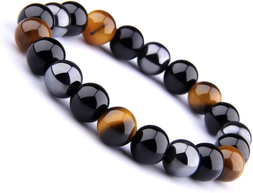 Pulsera de triple protección, pulsera de cuentas de piedra de ojo de tigre, pulsera de hematita obsidiana negra de 0.394 pulgadas, trae buena suerte