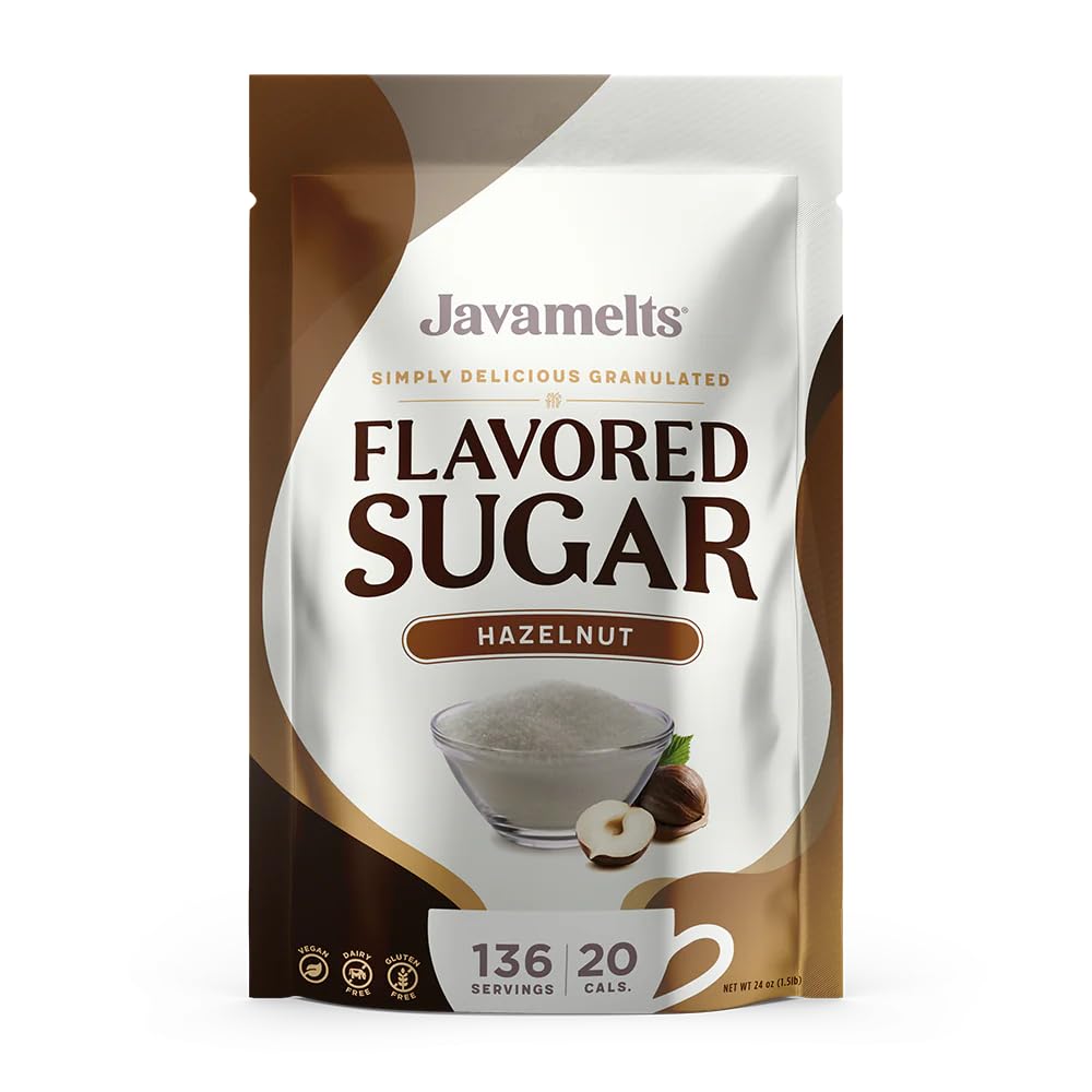 JAVAMELTS Azúcar con sabor a avellana, añade sabor a tu café o té, o al hornear dulces, sin OMG, sin lácteos, sin gluten, kosher, (bolsa de 1.5