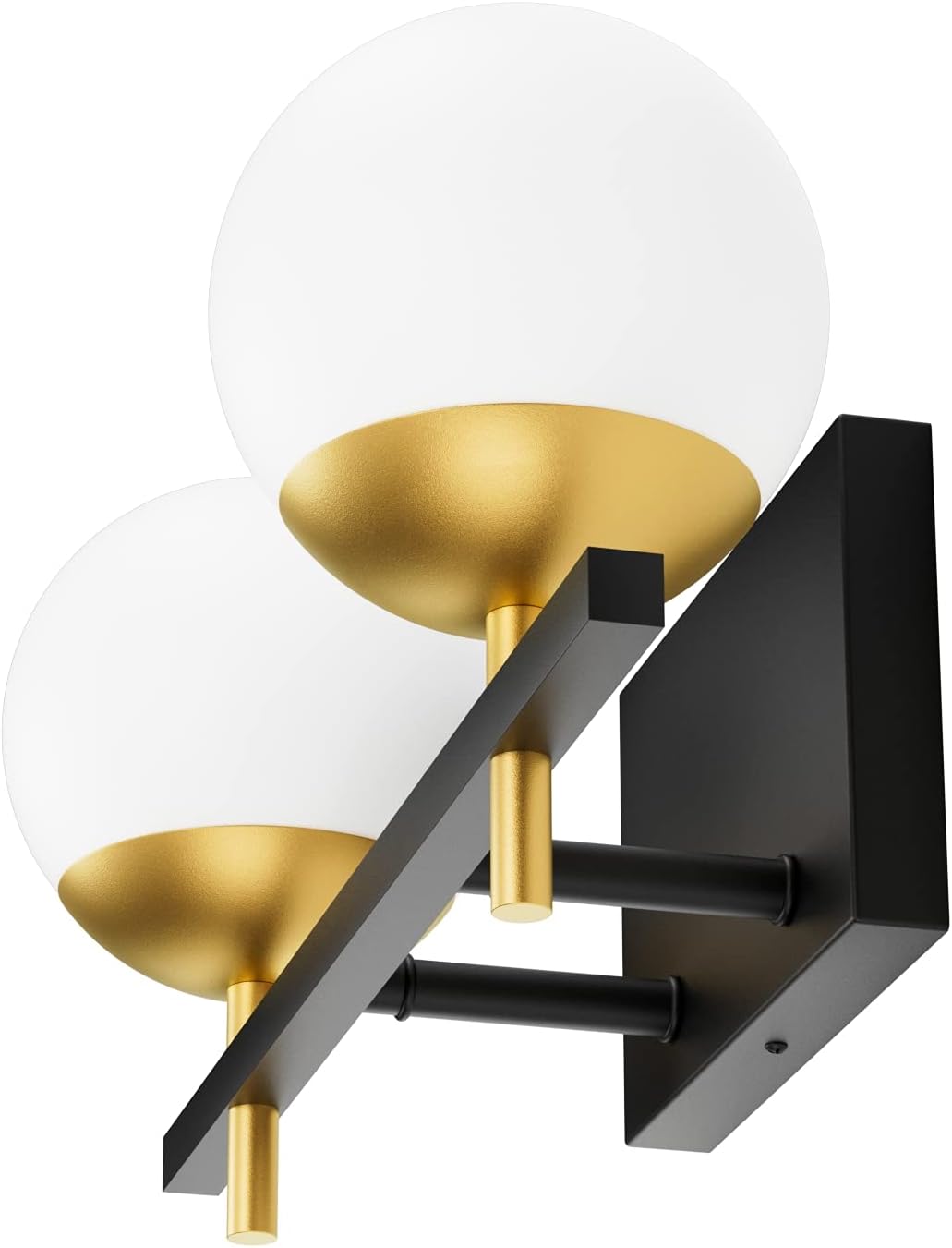 Ralbay Lámpara de tocador de baño de oro negro 2 luces de mediados de siglo moderna lámpara de pared de bola de vidrio lechoso negrodorado para baño