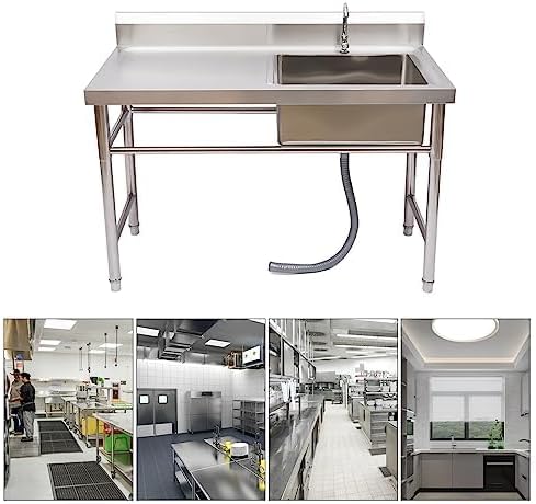 Fregadero de cocina comercial de 1 compartimento, fregadero de restaurante, tabla de drenaje de acero inoxidable con cuenco de drenaje grande y