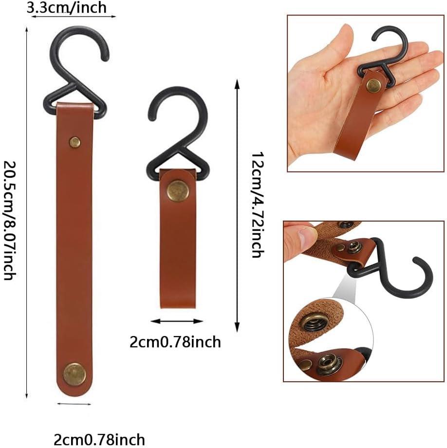 Correas de cuero con ganchos, 5 ganchos de cuero, ganchos para estantes en S, gancho de campamento para cocina, baño, dormitorio, oficina y uso al