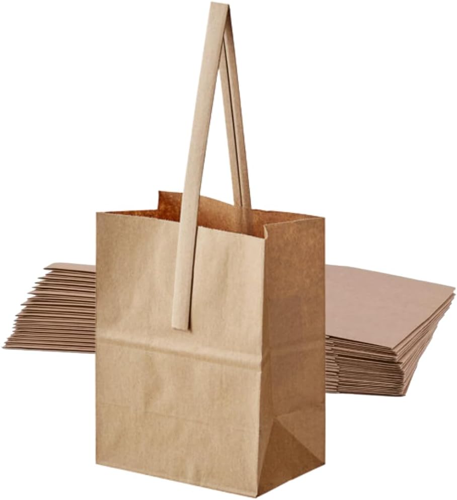 Paquete de 50 bolsas de papel kraft marrón fabricadas en Estados Unidos con asas (6.75 x 4.25 x 8 pulgadas) perfectas para productos de medio punto
