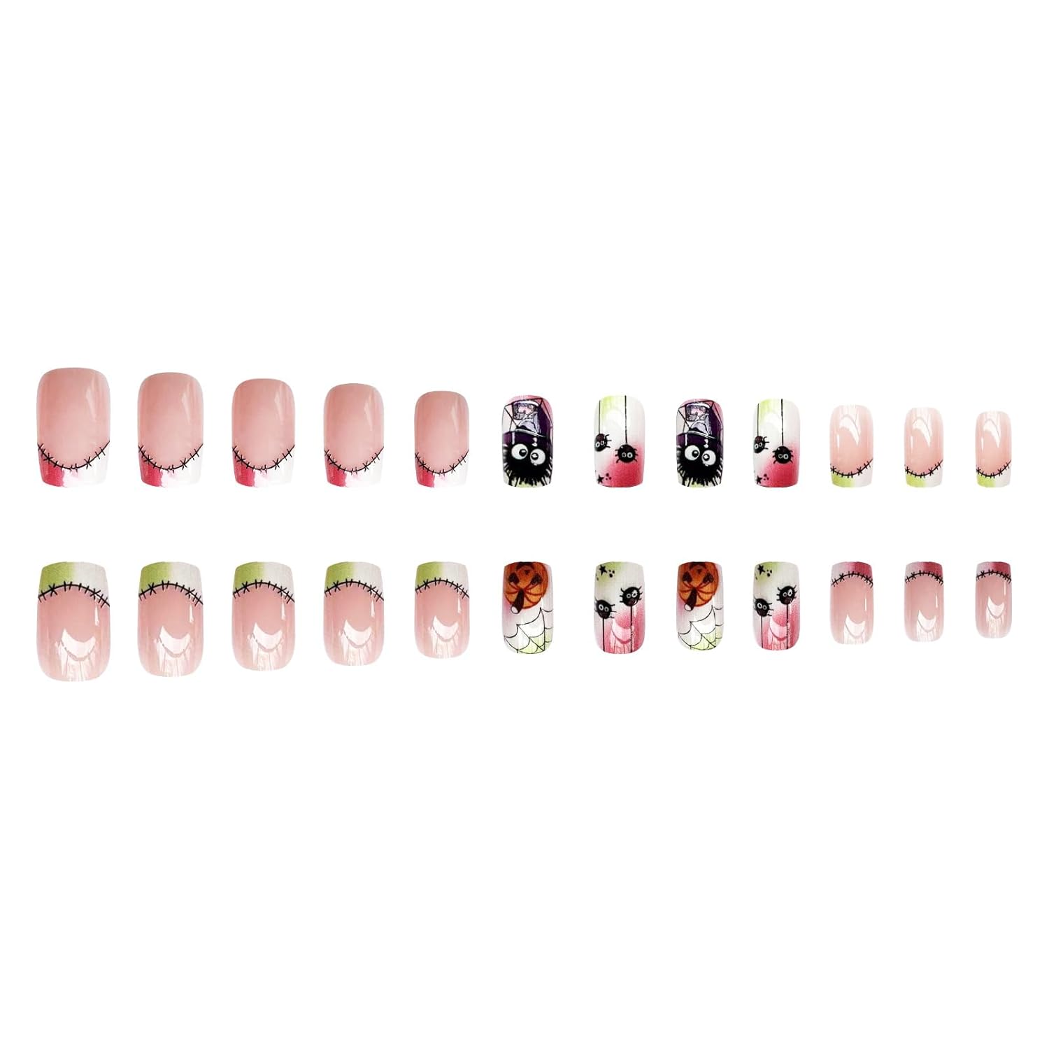 Uñas postizas a presión de Halloween, cuadradas, medianas, con punta francesa, degradado, cobertura completa, tela de araña, calabaza, con diseños
