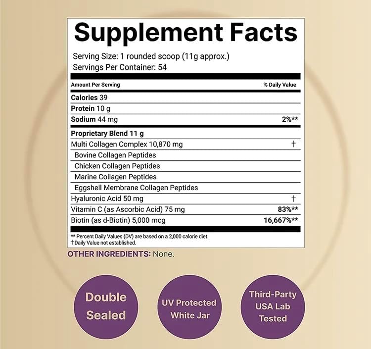 Proteína de colágeno Polvo de péptidos con biotina 5000 mcg, vitamina C y ácido hialurónico Paleo, sin sabormúltiple de 5 tipos (I, II, III, V, X)