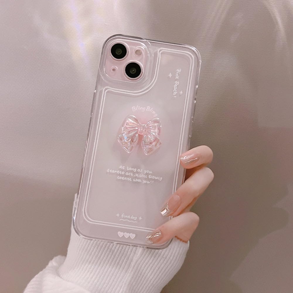 Casechics Funda compatible con iPhone, bonita funda de cristal 3D con lazo y purpurina brillante para el lente de la cámara, transparente, suave, a
