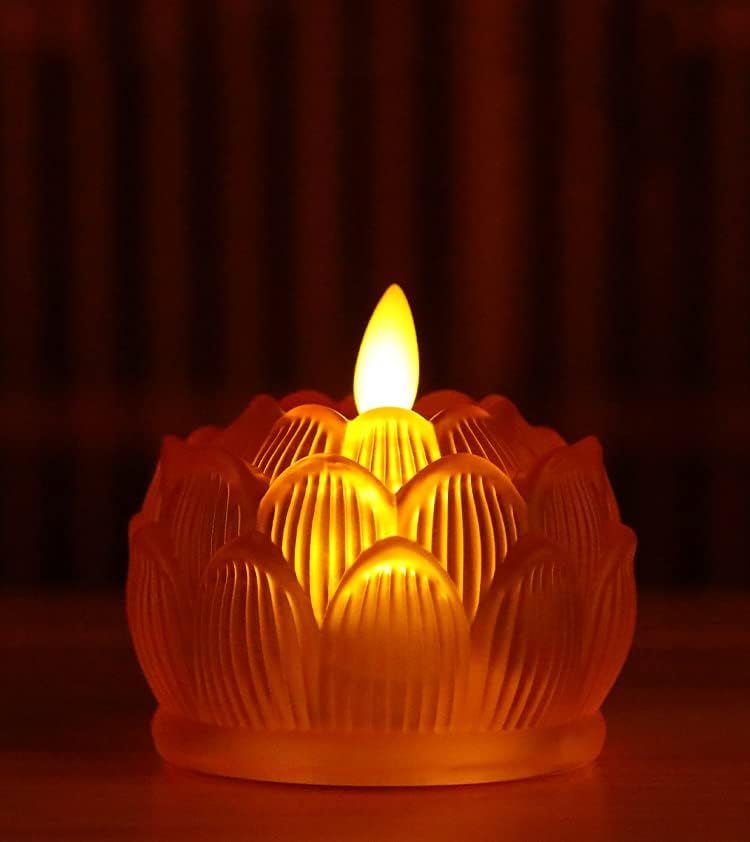 Lámpara budista de loto esmaltada con llama simulada LED, oferta de luz ante Buda, equipada con base de aleación – 2.95 pulgadas