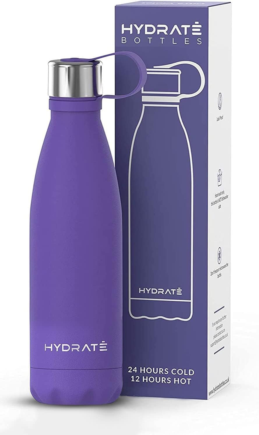 HYDRATE Botella de agua de acero inoxidable súper aislada, 16.9 fl oz, ultra violett, botella de agua de metal sin BPA, termo de agua caliente,