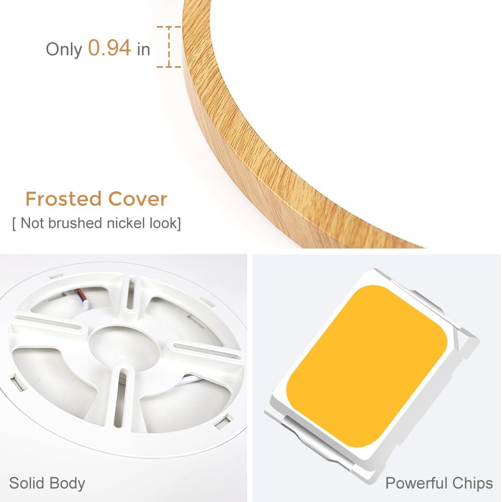 Lámpara de techo LED de grano de madera amarilla de 12 pulgadas, montaje empotrado, alfombrilla de ABS, luz blanca de día de 5000 K, accesorios de