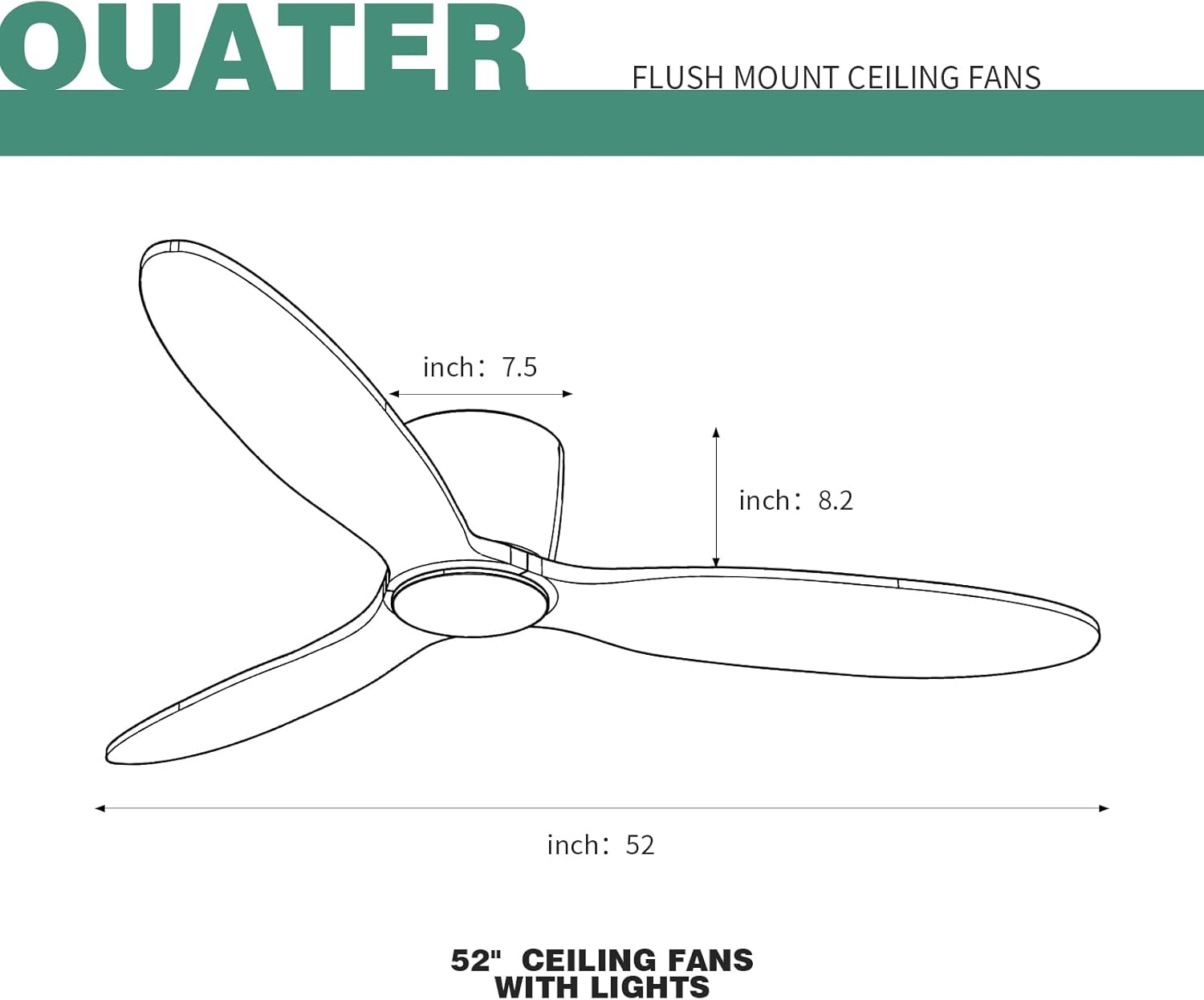 OUATER Ventilador de techo de montaje empotrado con control remoto, ventilador de techo moderno de perfil bajo de 52 pulgadas sin luz, motor de CC,