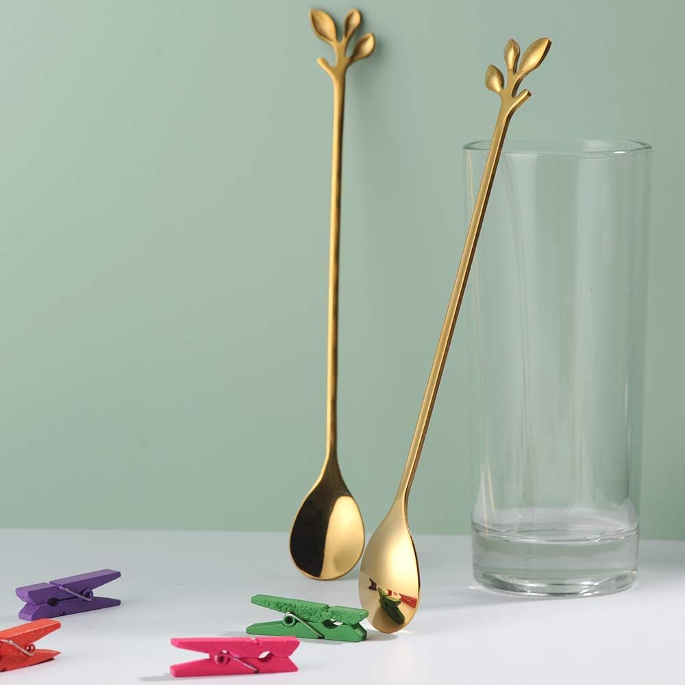 AnSaw Gold Leaf Handle – Cucharas largas de acero inoxidable de 7.4 pulgadas para café y té, cucharas para remover café, juego de 20