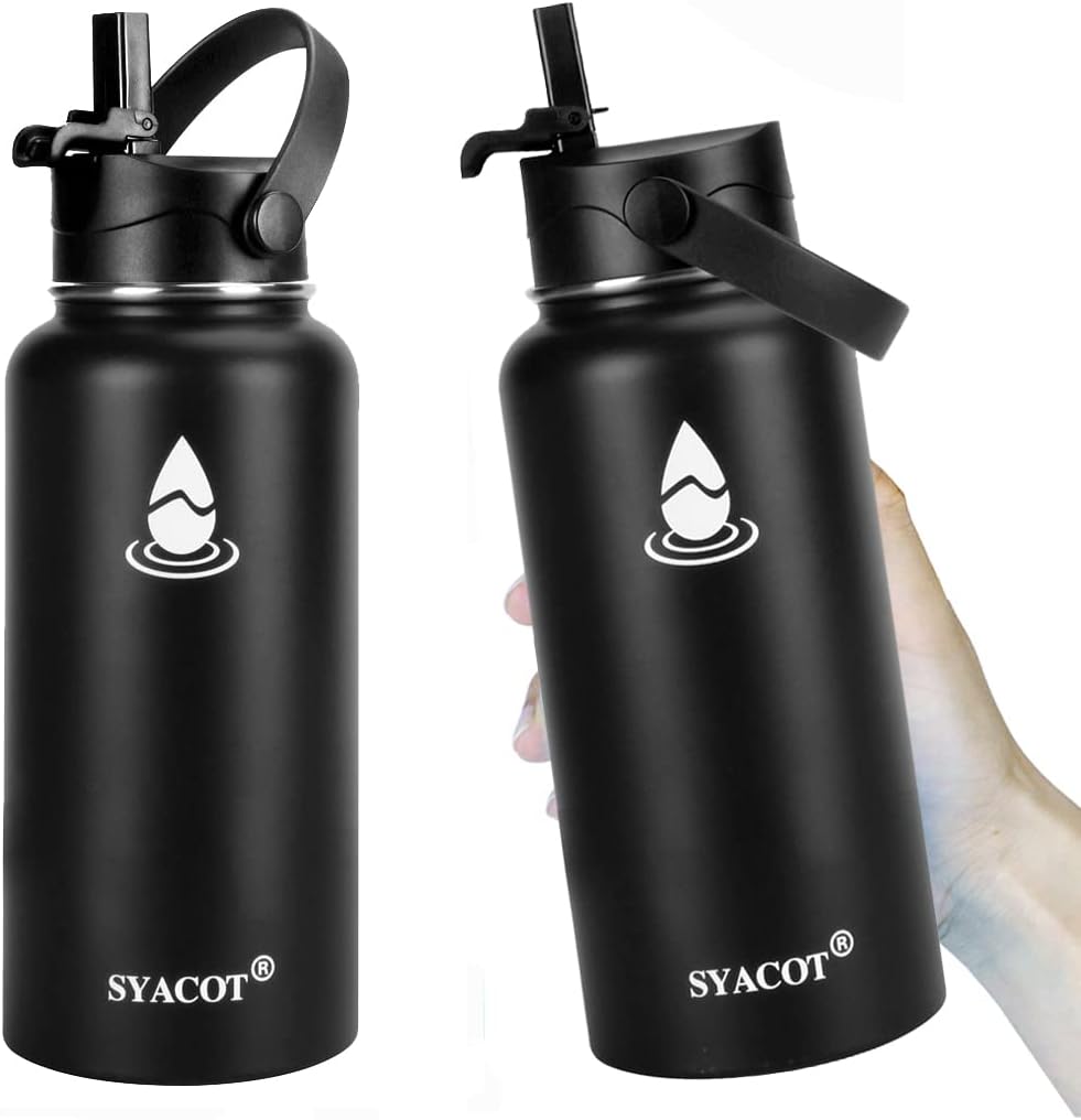 SYACOT – Botella de agua de acero inoxidable de 32 onzas, con aislamiento de doble pared al vacío a prueba de fugas, taza térmica de metal, boca
