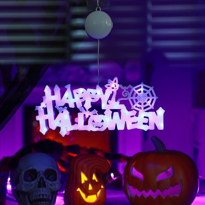 Letrero de luces de Halloween, luces LED de Halloween alimentadas con pilas para colgar decoración de Halloween en interiores y exteriores (morado)