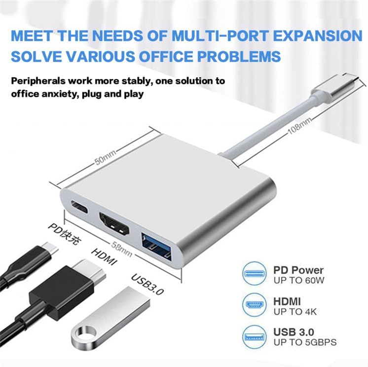 Adaptador multipuerto USB-C 3 en 1 con HDMI 4K, USB 3.0 y carga PD – Compatibilidad universal para Mac, Windows, Android Linux