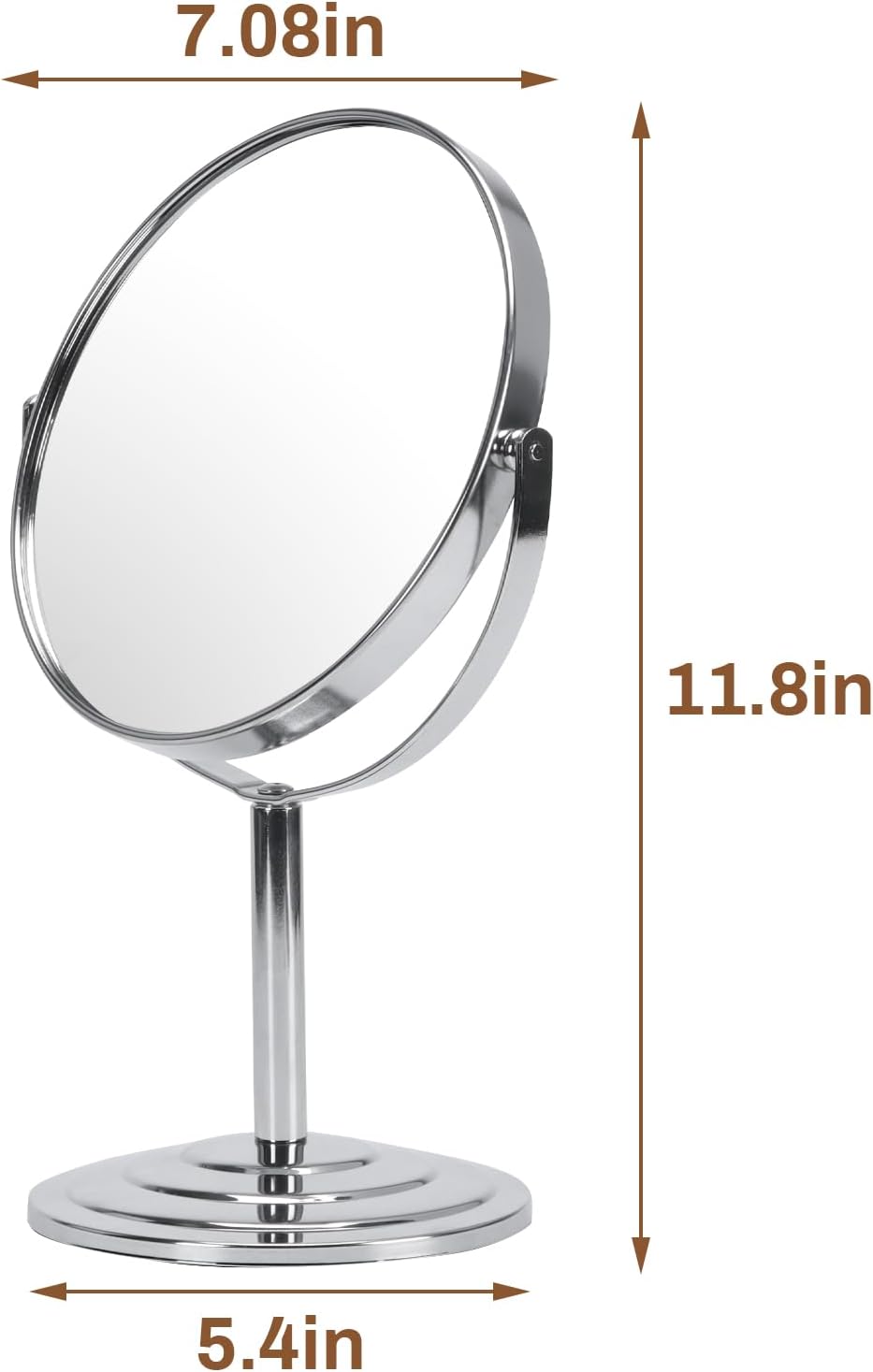 Wtrgas 1 espejo de maquillaje con aumento 3X para mesa, espejo de tocador plateado de 7 pulgadas, espejo cosmético de baño portátil de doble cara