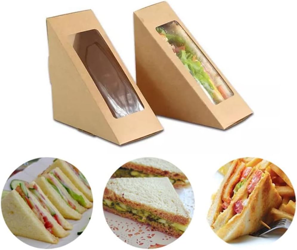 50 cajas de papel sándwich, cajas de sándwich de papel kraft con ventana, caja de cuña, recipiente individual para sushi para panadería, pastel de