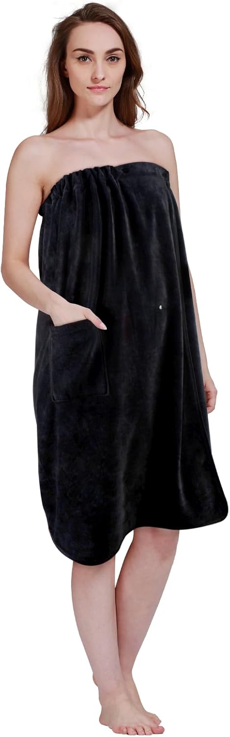 SINLAND Toallas de baño de microfibra ligeras hasta la rodilla para mujer, con cierre ajustable, 32 x 60 pulgadas, color negro