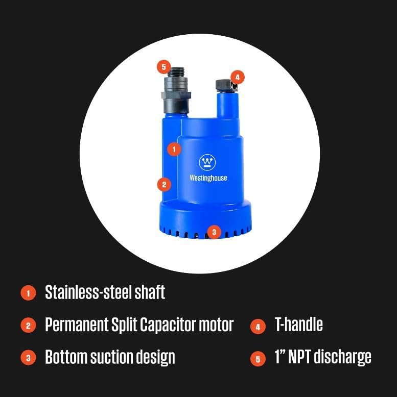 Westinghouse Bomba de agua sumergible de 14 HP Bomba de sumidero portátil eléctrica termoplástica 1500 GPH – Bomba de agua de transferencia para