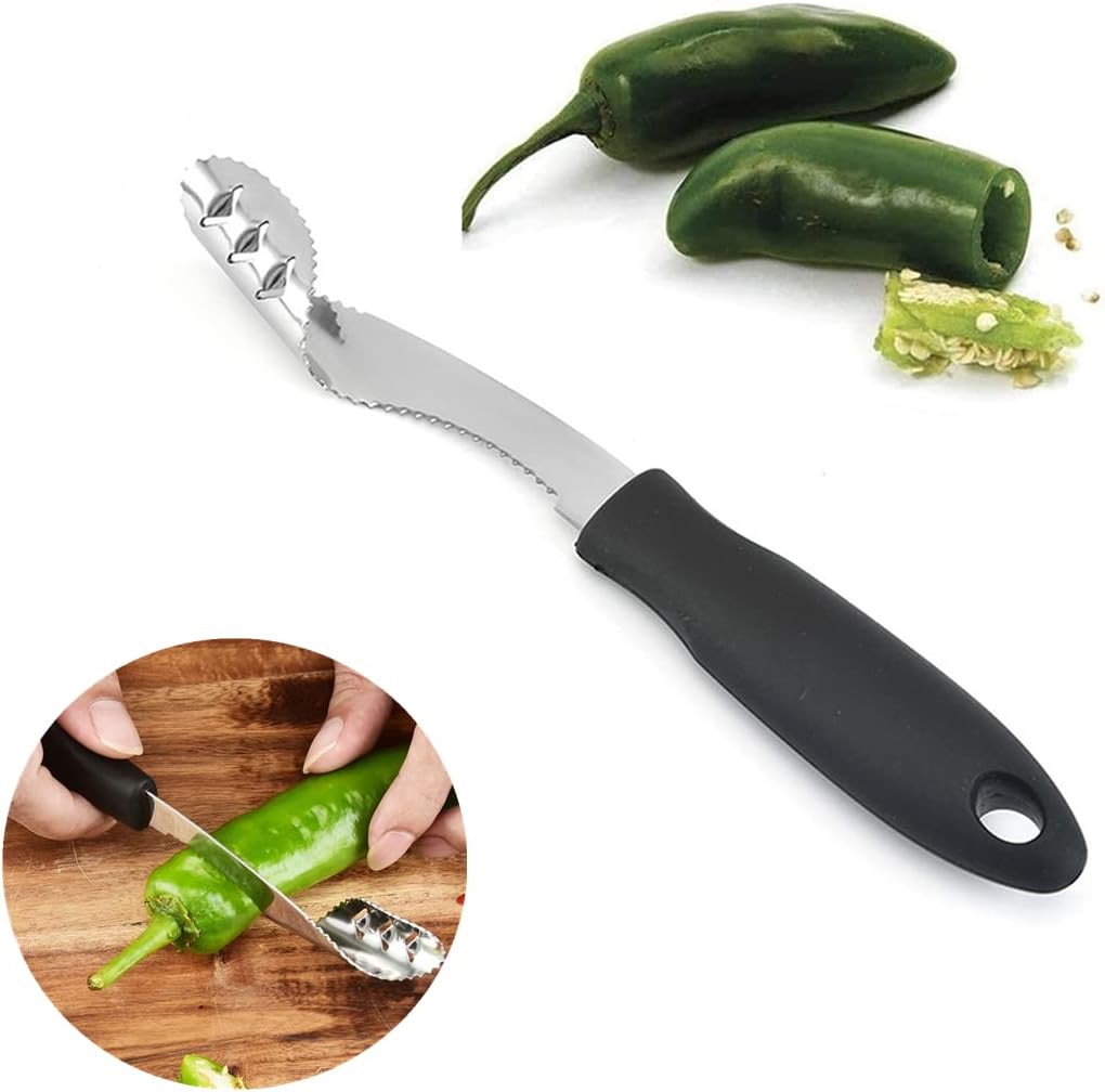 Jalapeno – Cortador de pimienta de acero inoxidable para picador de pimienta con rebanada dentada y mango de goma, fácil de quitar semillas para