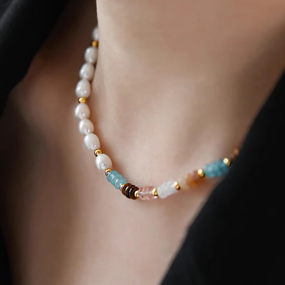 Freshwater Pearl Strand Necklace Tiger Eye Natural Gemstone Handmade Chain 18K Gold Jewelry Birthday Gift for Women 19inch Valentine Gift for Her