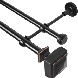 BOOM JOG Barra de cortina doble con remates cuadrados, diámetro de 34 pulgadas, ajusta la longitud de la barra de 28 a 48 pulgadas, color negro BOOM JOG Barra de cortina doble con remates cuadrados, diámetro de 34 pulgadas, ajusta la longitud de la barra de 28 a 48 pulgadas, color negro