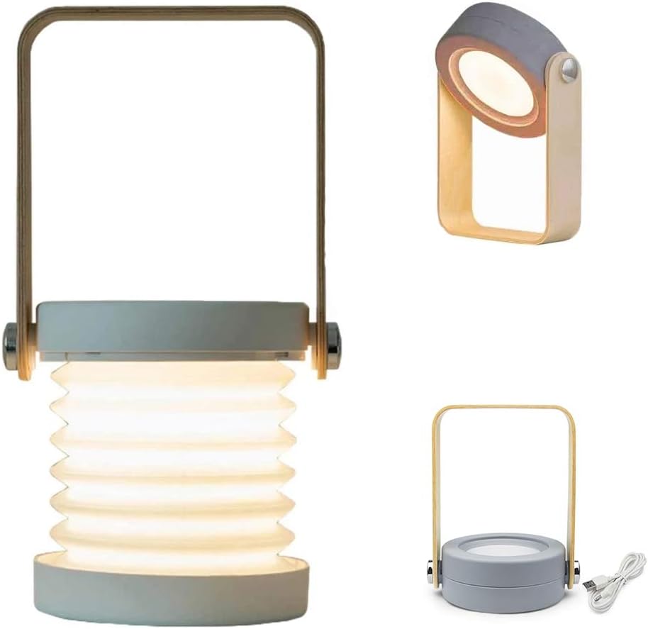 Lámpara de mesa plegable 4 en 1, luz LED retráctil USB, mango de madera, linterna portátil y linterna, control táctil, intensidad regulable, 3