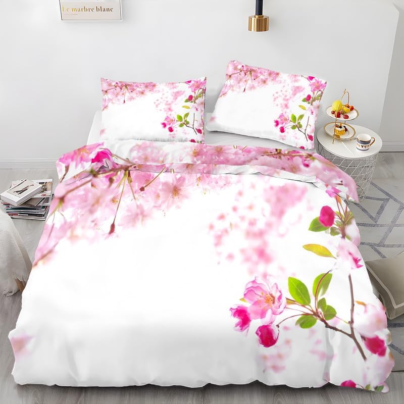 White Flower Branch Duvet Cover Full Plant Print Bedding Sets Full Soft Microfiber Comforter Cover and 2 Pillow Shams 20″X26″, Bed Set Duvet Covers