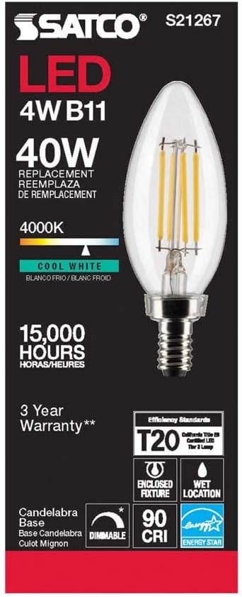 Satco 6Pk 4w B11 LED 4000K Candelabro Base regulable – 40W equiv